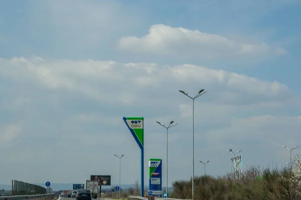 Bulgaria March 2019 Highway Logo Omv Gas Station Refueling Road — стокове фото