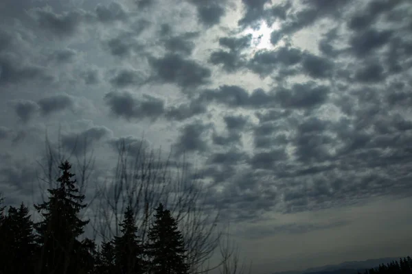 Beautiful clouds against blue sky and silhouettes of mountain and trees, daytime in the forest