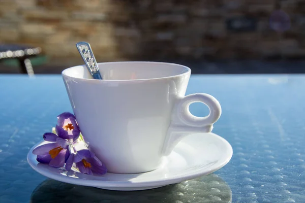 Egy Csésze Kávé Szabadban Közelkép Egy Forró Ital Apró Lila — Stock Fotó