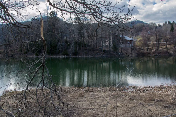 Paisaje Montañoso Cielo Azul Lago Árboles Paisaje Forestal Rama Rota — Foto de Stock