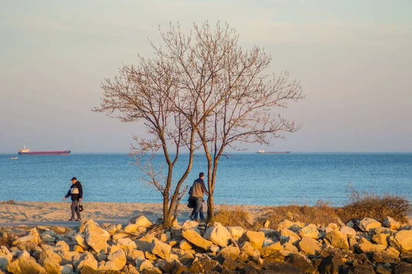 Lidé Chodící Pláži Venku Západ Slunce Stromy Útesy — Stock fotografie
