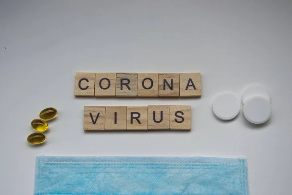 Wooden Tiles Letters Corona Virus White Background Covid Crown Virus — Stock Photo, Image