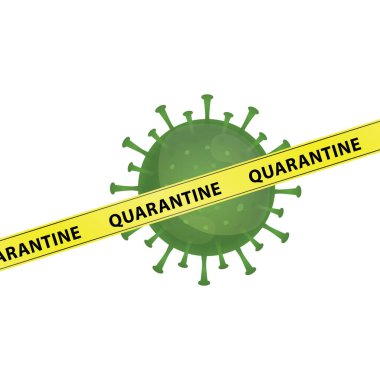 Corona virüsünün karantina kelimeli sarı uyarı bantları ve Wuhan 'daki enfeksiyonu gösteren grafik vektörü. Yeşil virüs, beyaz zemin, salgın, covid-19 salgını