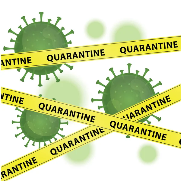 単語検疫と黄色の警告テープとコロナウイルスのイラストグラフィックベクトル 武漢での感染症 緑のウイルス 白の背景 Covid 19パンデミック — ストックベクタ