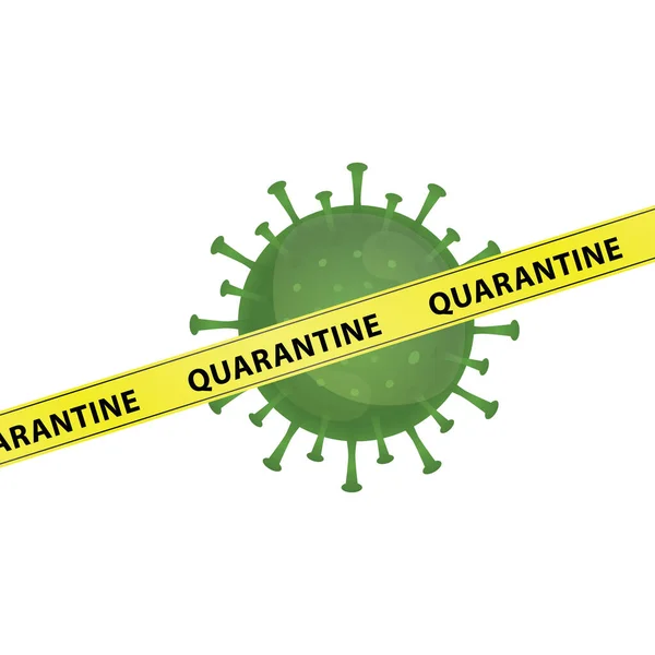 単語検疫と黄色の警告テープとコロナウイルスのイラストグラフィックベクトル 武漢での感染症 緑のウイルス 白の背景 Covid 19パンデミック — ストックベクタ