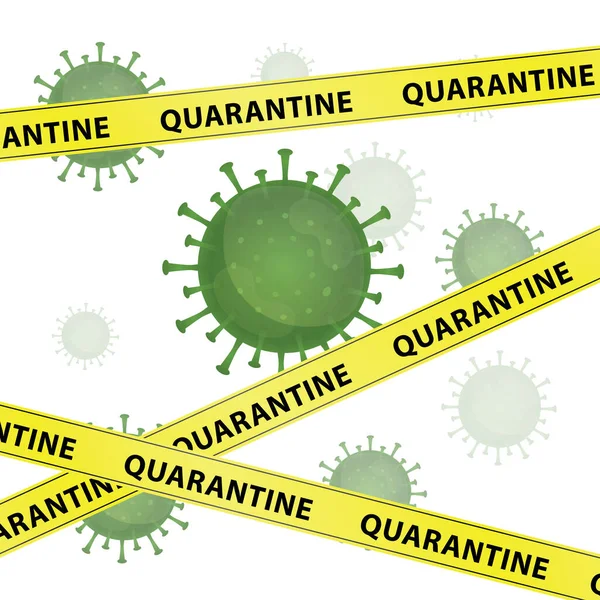 単語検疫と黄色の警告テープとコロナウイルスのイラストグラフィックベクトル 武漢での感染症 緑のウイルス 白の背景 Covid 19パンデミック — ストックベクタ