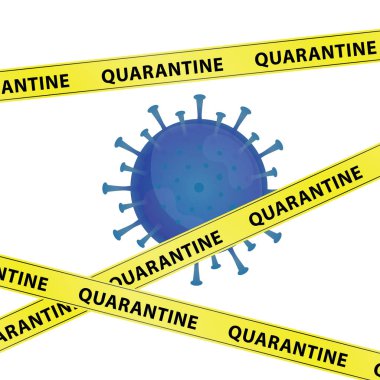 Corona virüsünün karantina kelimeli sarı uyarı bantları ve Wuhan 'daki enfeksiyonu gösteren grafik vektörü. mavi virüs, beyaz arkaplan, salgın, covid-19 salgını