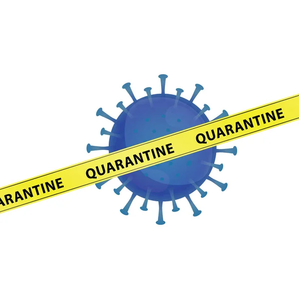 単語検疫と黄色の警告テープとコロナウイルスのイラストグラフィックベクトル 武漢での感染症 青いウイルス 白い背景 コビト19型パンデミック — ストックベクタ