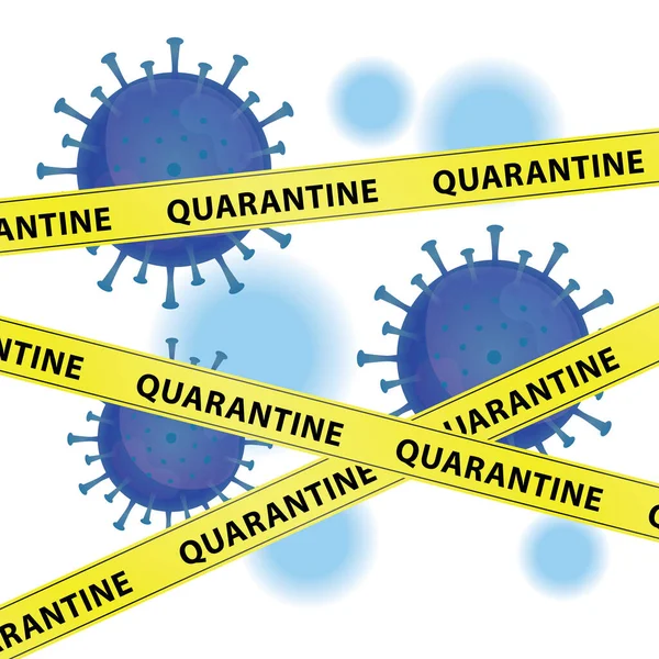 単語検疫と黄色の警告テープとコロナウイルスのイラストグラフィックベクトル 武漢での感染症 青いウイルス 白い背景 コビト19型パンデミック — ストックベクタ