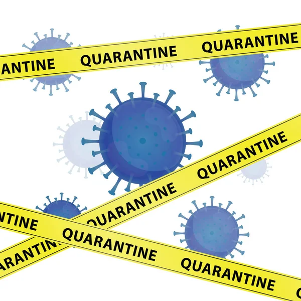 単語検疫と黄色の警告テープとコロナウイルスのイラストグラフィックベクトル 武漢での感染症 青いウイルス 白い背景 コビト19型パンデミック — ストックベクタ
