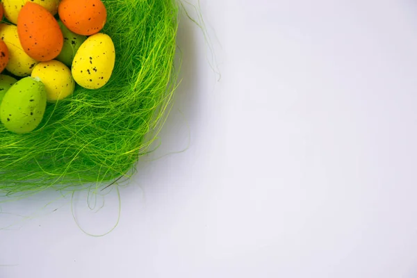 Green Nest Colorful Easter Eggs Decoration Light Purple Background Easter — Stock Photo, Image