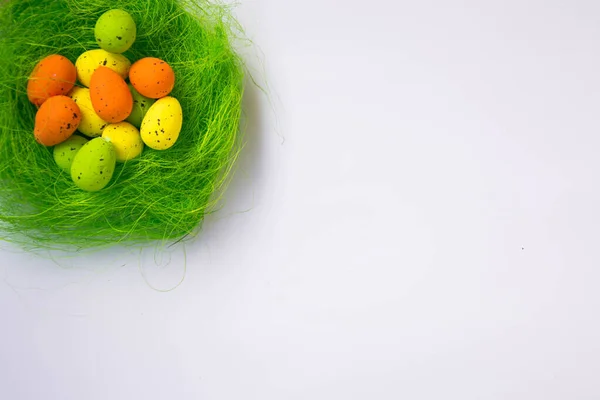 Green Nest Colorful Easter Eggs Decoration Light Purple Background Easter — Stock Photo, Image