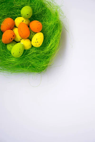 Green Nest Colorful Easter Eggs Decoration Light Purple Background Easter — Stock Photo, Image