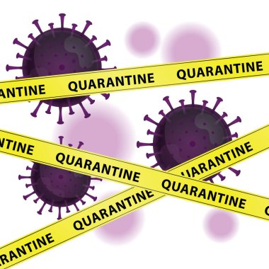 Corona virüsünün karantina kelimeli sarı uyarı bantları ve Wuhan 'daki enfeksiyonu içeren grafiksel baskı vektörü. mor virüs, beyaz arkaplan, salgın, covid-19 salgını