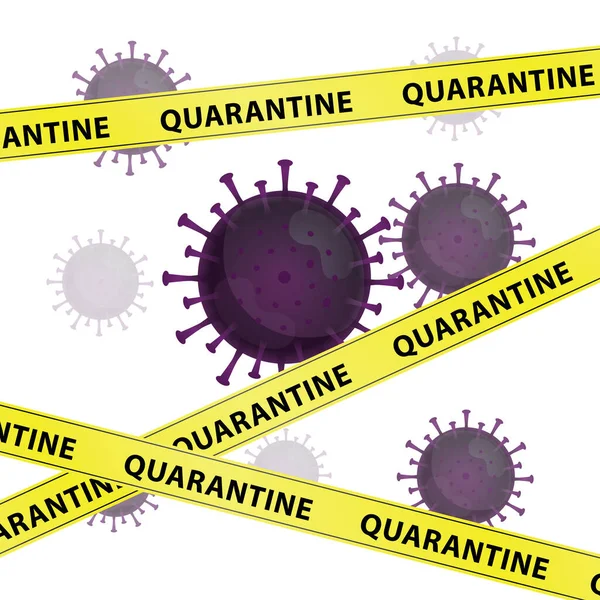 印刷イラスト単語検疫と黄色の警告テープとコロナウイルスのグラフィックベクトル 武漢での感染症 紫色のウイルス 白い背景 コビト19型パンデミック — ストックベクタ