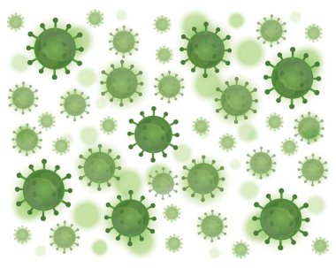 Corona virüsünün grafiksel çizimi, covid-19 arkaplan, yeşil virüs, beyaz arka plan, vektör. Salgın, düzen