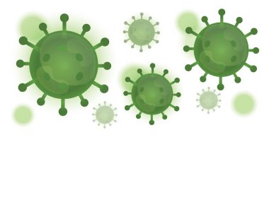 Corona virüsünün grafiksel çizimi, covid-19 arkaplan, yeşil virüs, beyaz arka plan, vektör. Salgın, kalıp, kopyalama alanı, metin için boş boşluk
