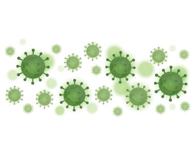 Corona virüsünün grafiksel çizimi, covid-19 arkaplan, yeşil virüs, beyaz arka plan, vektör. Salgın, kalıp, kopyalama alanı, metin için boş boşluk