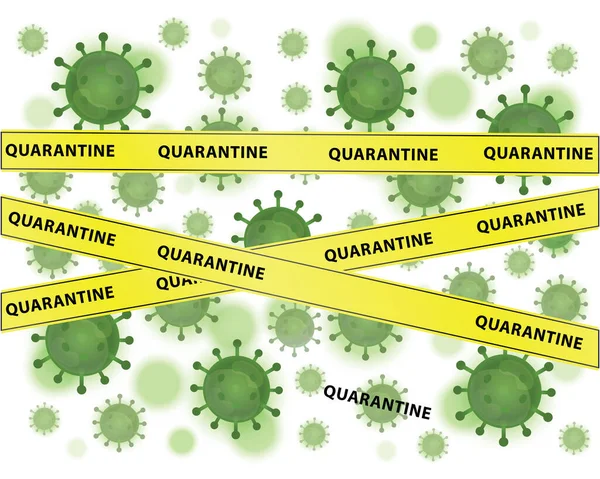 コロナウイルスのグラフィックイラスト Covid 19の背景 緑のウイルス 白の背景 ベクトル 黄色の警告テープのシンボル 注意サイン — ストックベクタ