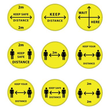 Sosyal uzaklık için yuvarlak zemin işareti, güvenli mesafeyi koruyun. Karantina Corona virüsü, covid-19 uyarısı, insan figürü simgeleri, vektör etiketi, daire sarı çizim