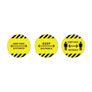 Sosyal uzaklık için yuvarlak zemin işareti, güvenli mesafeyi koruyun. Karantina Corona virüsü, covid-19 uyarısı, insan figürü simgeleri, vektör etiketi, daire sarı çizim
