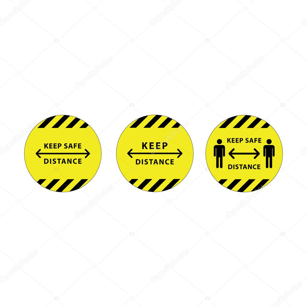 Round floor marking for social distancing, sign keep safe distance. Quarantine Corona virus, covid-19 warning, human figure icons, vector sticker, circle yellow illustration