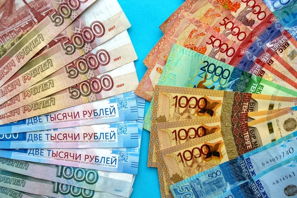 Russian Rubles Kazakhstan National Currency Top View Mixed Tenge Roubles — Stock Photo, Image