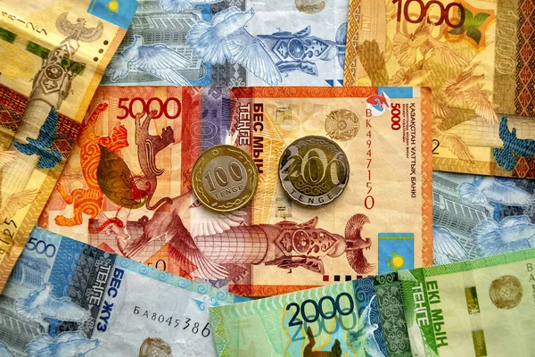 Moneda Nacional Kazajstán Vista Superior Los Billetes Tenge Mixtos Nueva — Foto de Stock