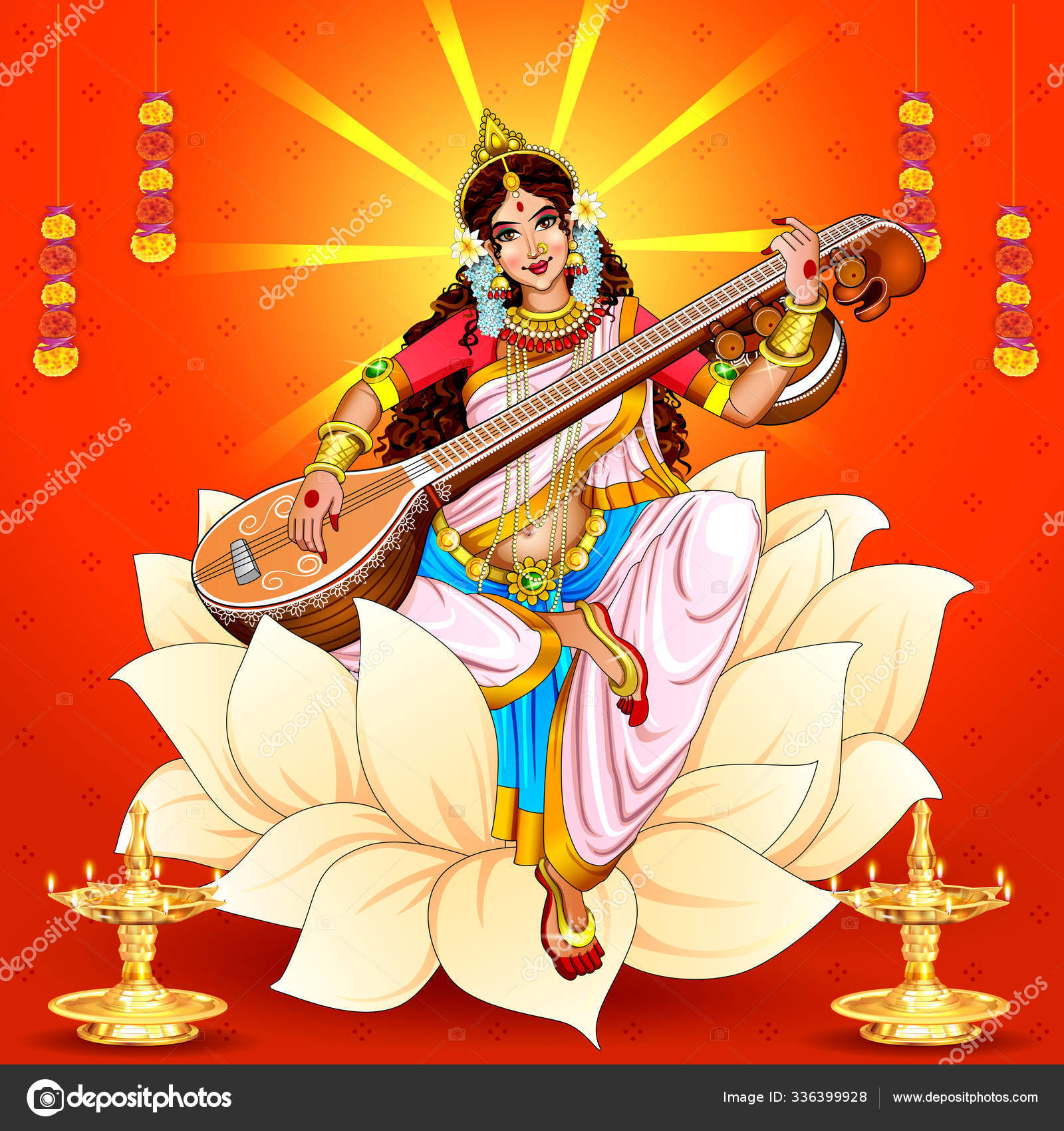 Illustration Goddess Wisdom Saraswati Vasant Panchami India Festival  Background Stock Photo by ©buzzillustrations 336399928