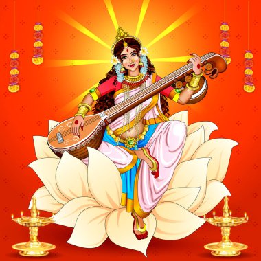 Vasant Panchami Hindistan festivali için Bilgelik Tanrıçası Saraswati 'nin resmi