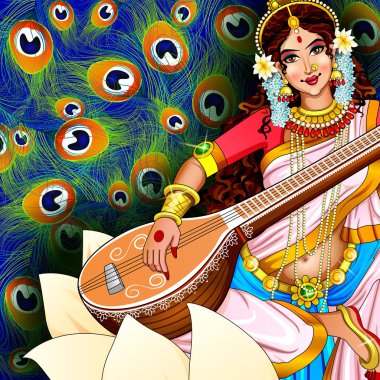 Vasant Panchami Hindistan festivali için Bilgelik Tanrıçası Saraswati 'nin resmi