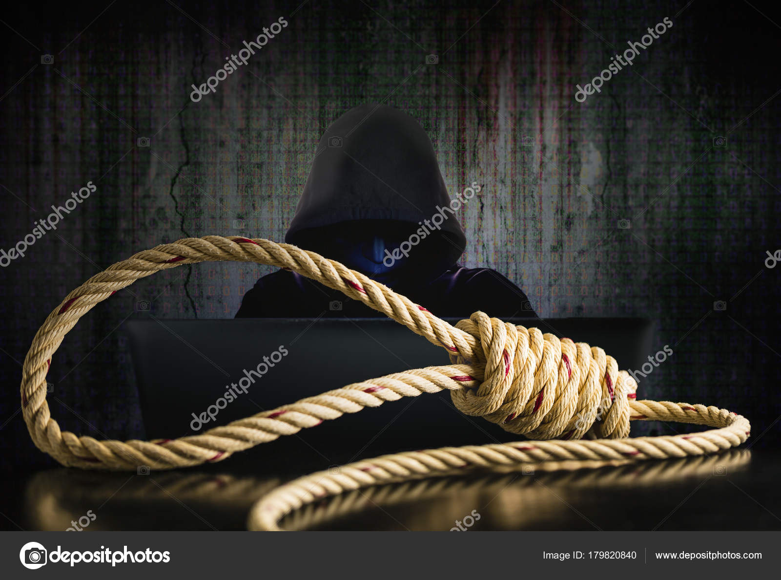 Brown Rope Noose With Computer Hacker In Black Mask And Hood