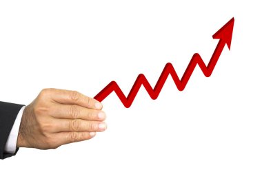 Kırmızı ok izole üzerinde beyaz backgrou kadar tutan işadamı el