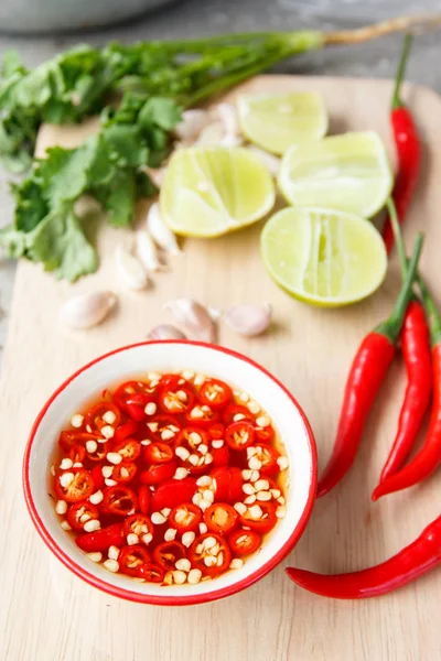 Prik Nam Pla Thai Fish Sauce Lemon Pepper Wooden Board — Stock Photo, Image