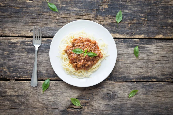 Spaghetti Bolognese Wooden Background Top View — Stock Photo, Image