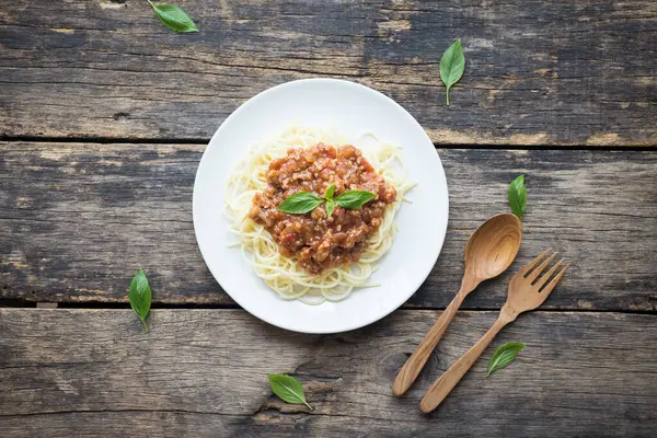 Spaghetti Bolognese Wooden Background Top View — Stock Photo, Image