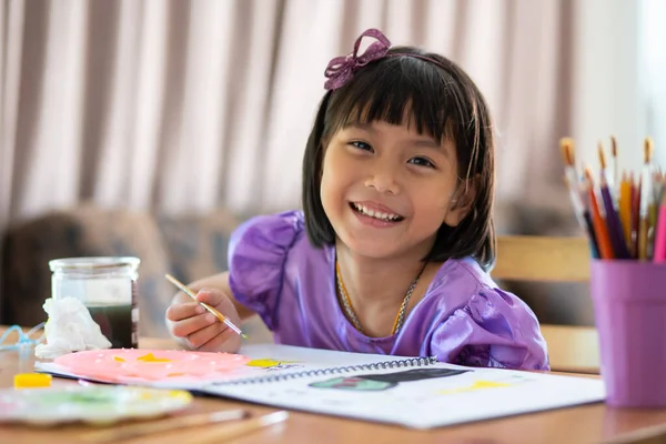 Asian Little Girl Painting Paintbrush Colorful Paints House Stock Photo