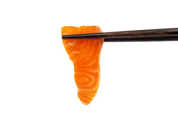 Salmón Sashimi Crudo Con Palillos Sobre Fondo Blanco —  Fotos de Stock