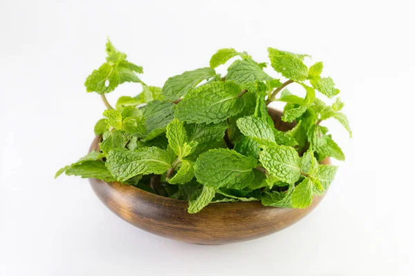 Mint Leaf Wooden Bowl Isolated White Background — Stock Photo, Image