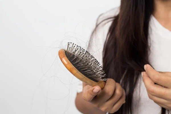 Young Woman Worried Hair Loss White Background — Stock Photo, Image