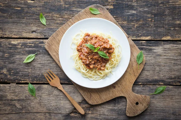 Spaghetti Bolognese Wooden Background Top View — Stock Photo, Image