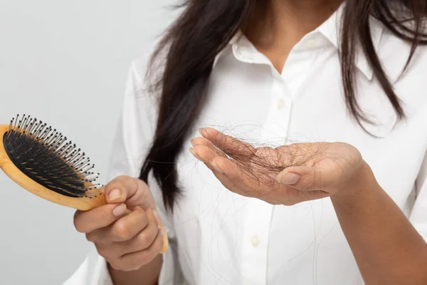 Young Woman Worried Hair Loss White Background — Stock Photo, Image