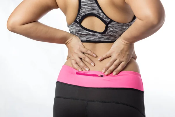 Mujeres Que Usan Ropa Ejercicio Con Dolor Espalda — Foto de Stock