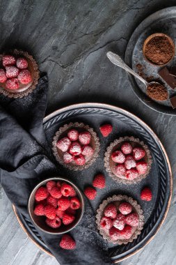 Krem şanti ve ahududu püresinden yapılmış koyu çikolatalı kremayla dolu kakao kabuklu tartlar, üstüne de taze böğürtlen.