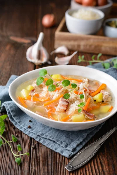 Капушняк, классический польский суп из квашеной капусты, свиные ребрышки, копченый бекон, картофель, морковь и другие овощи — стоковое фото