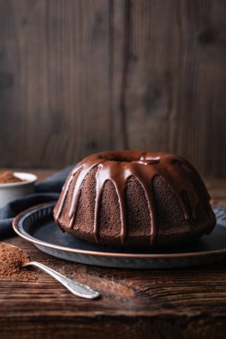 Lezzetli tatlı, üzerinde ganache jölesi ve fotokopi alanı olan koyu çikolatalı kek.