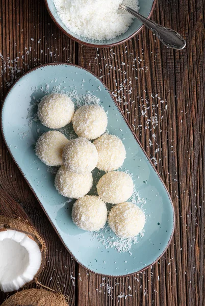 Delicious Bake Candy White Chocolate Truffles Covered Shredded Coconut Rustic — Stock Photo, Image