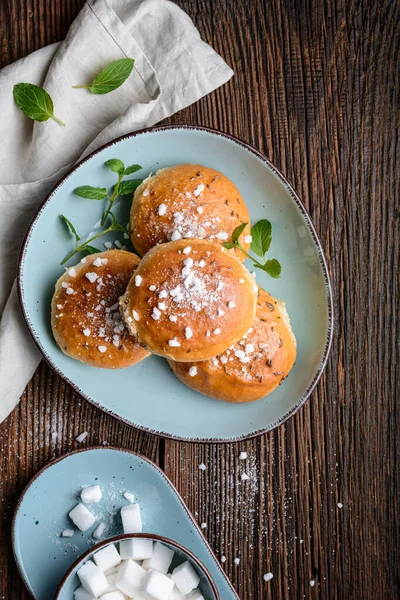 Bath Buns Classic English Sweet Pastry Glazed Syrup Topped Caraway — Stock Photo, Image