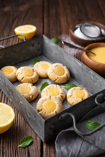 Delicious Sweet Snack Lemon Crud Thumbprint Cookies Sprinkled Powdered Sugar — Stock Photo, Image