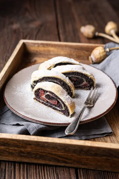 Delicious Rolled Dessert Puff Pastry Poppy Seed Strudel Slices Sour — Stock Photo, Image